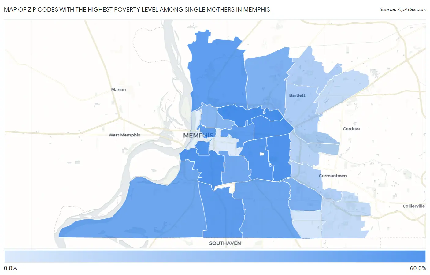 Zip Codes with the Highest Poverty Level Among Single Mothers in Memphis Map