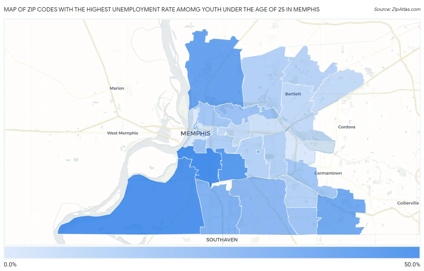 Zip Codes with the Highest Unemployment Rate Amomg Youth Under the Age of 25 in Memphis Map