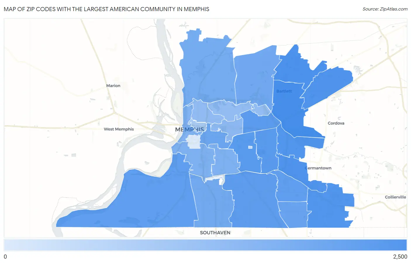 Zip Codes with the Largest American Community in Memphis Map