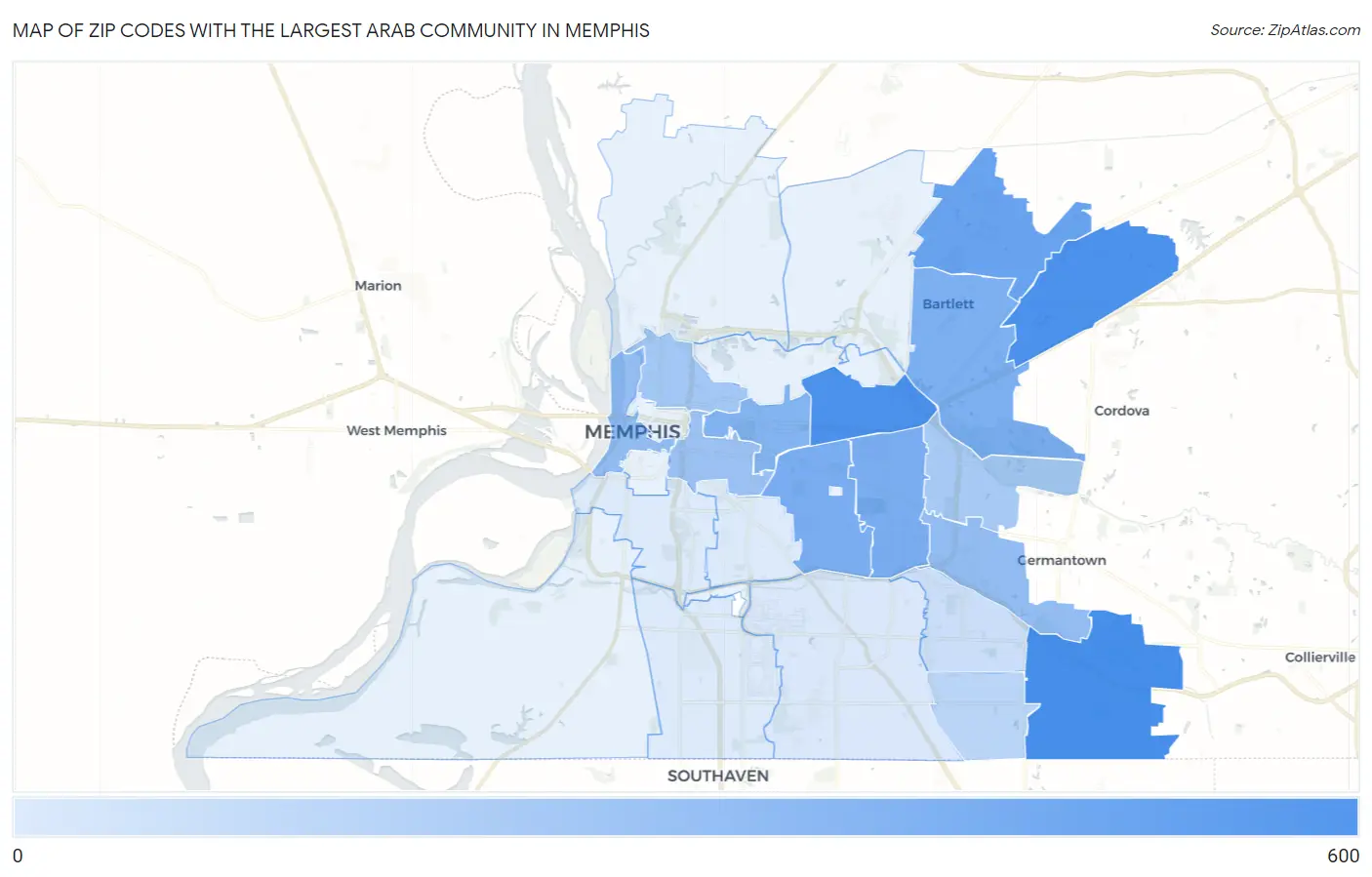 Zip Codes with the Largest Arab Community in Memphis Map