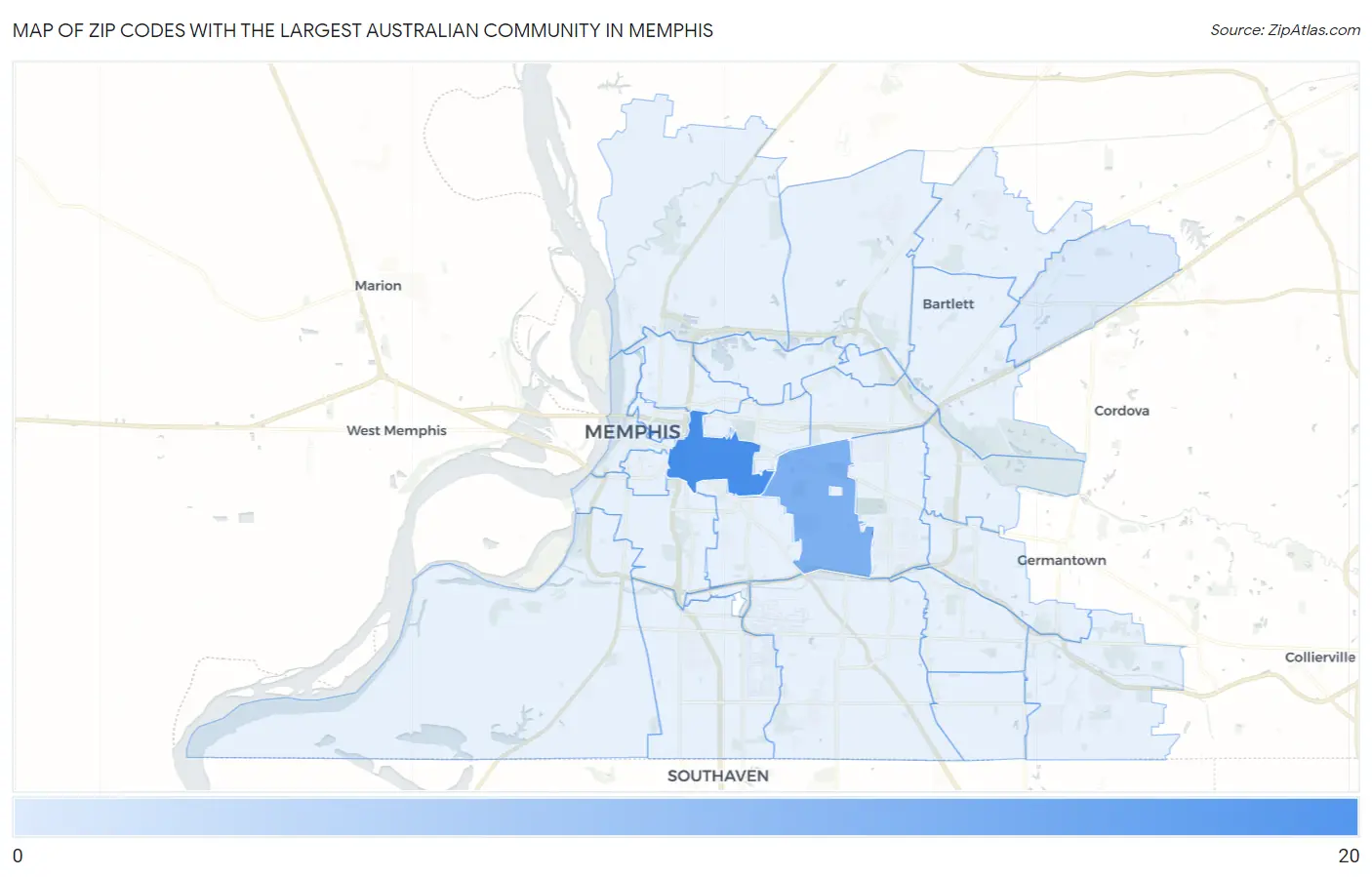 Zip Codes with the Largest Australian Community in Memphis Map