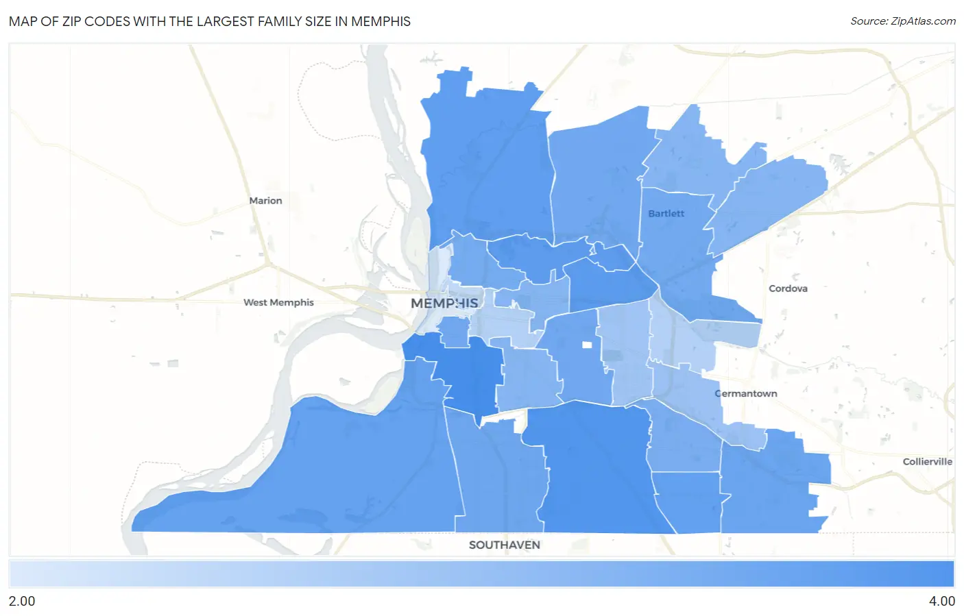 Zip Codes with the Largest Family Size in Memphis Map