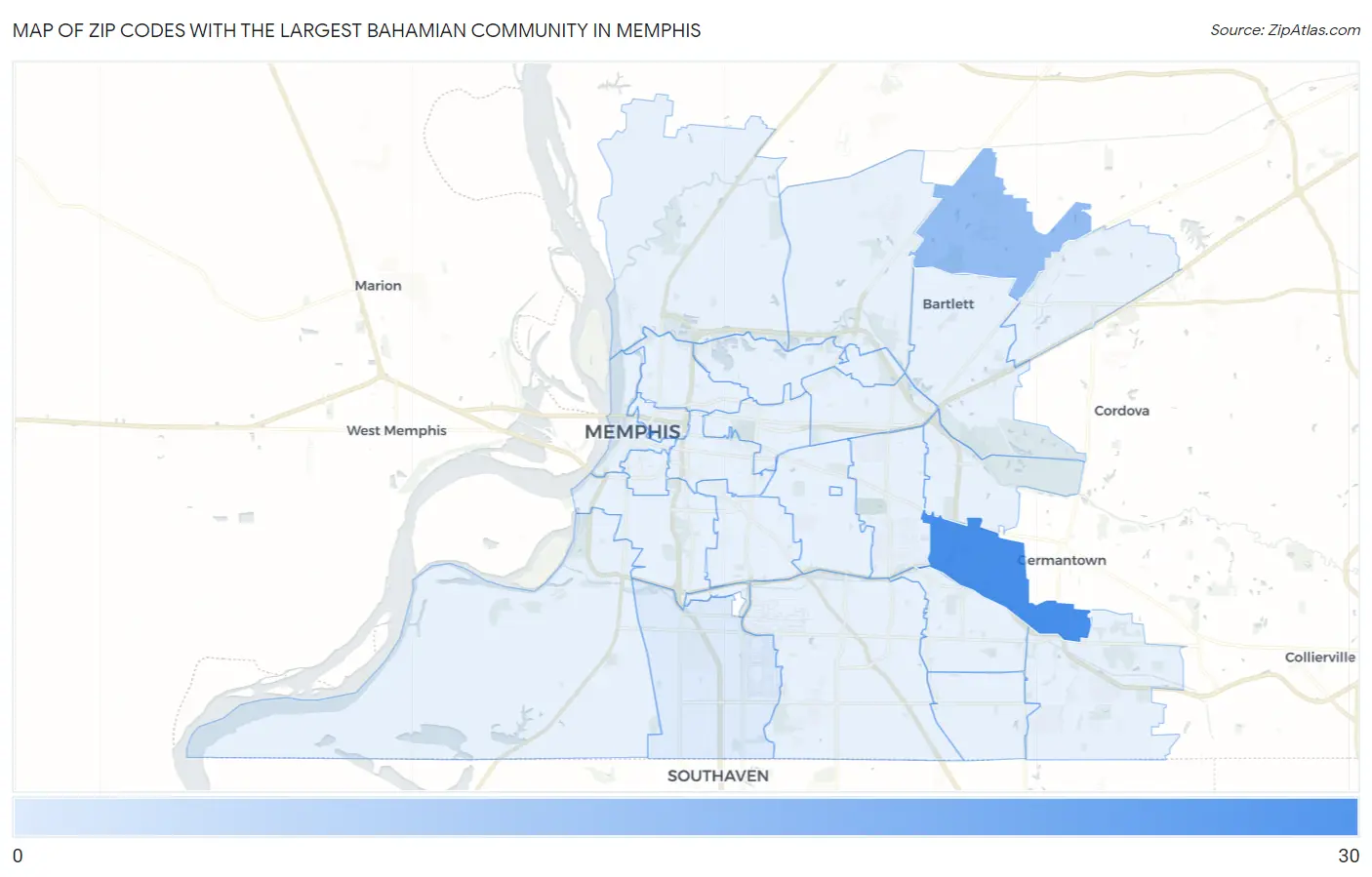 Zip Codes with the Largest Bahamian Community in Memphis Map