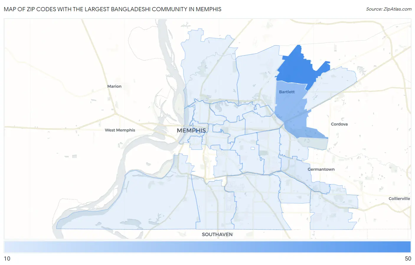 Zip Codes with the Largest Bangladeshi Community in Memphis Map