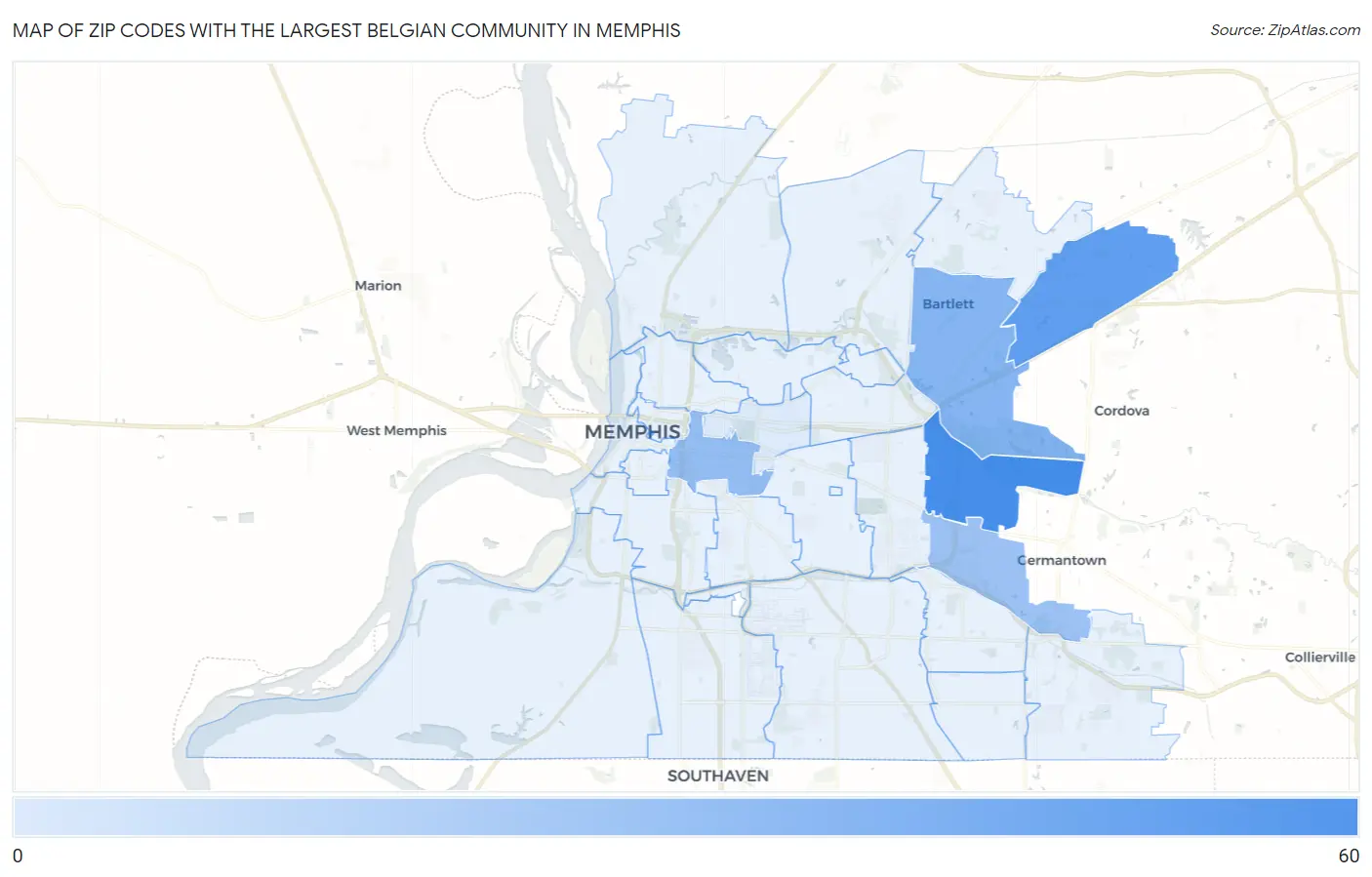 Zip Codes with the Largest Belgian Community in Memphis Map