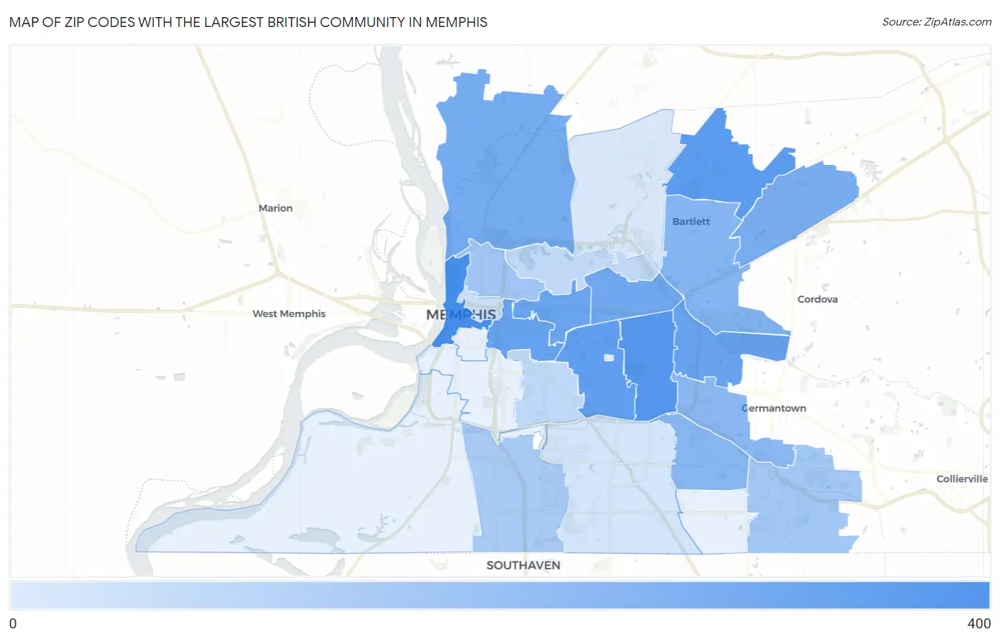 Zip Codes with the Largest British Community in Memphis Map