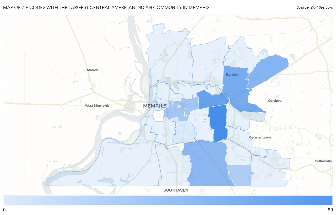 Zip Codes with the Largest Central American Indian Community in Memphis Map