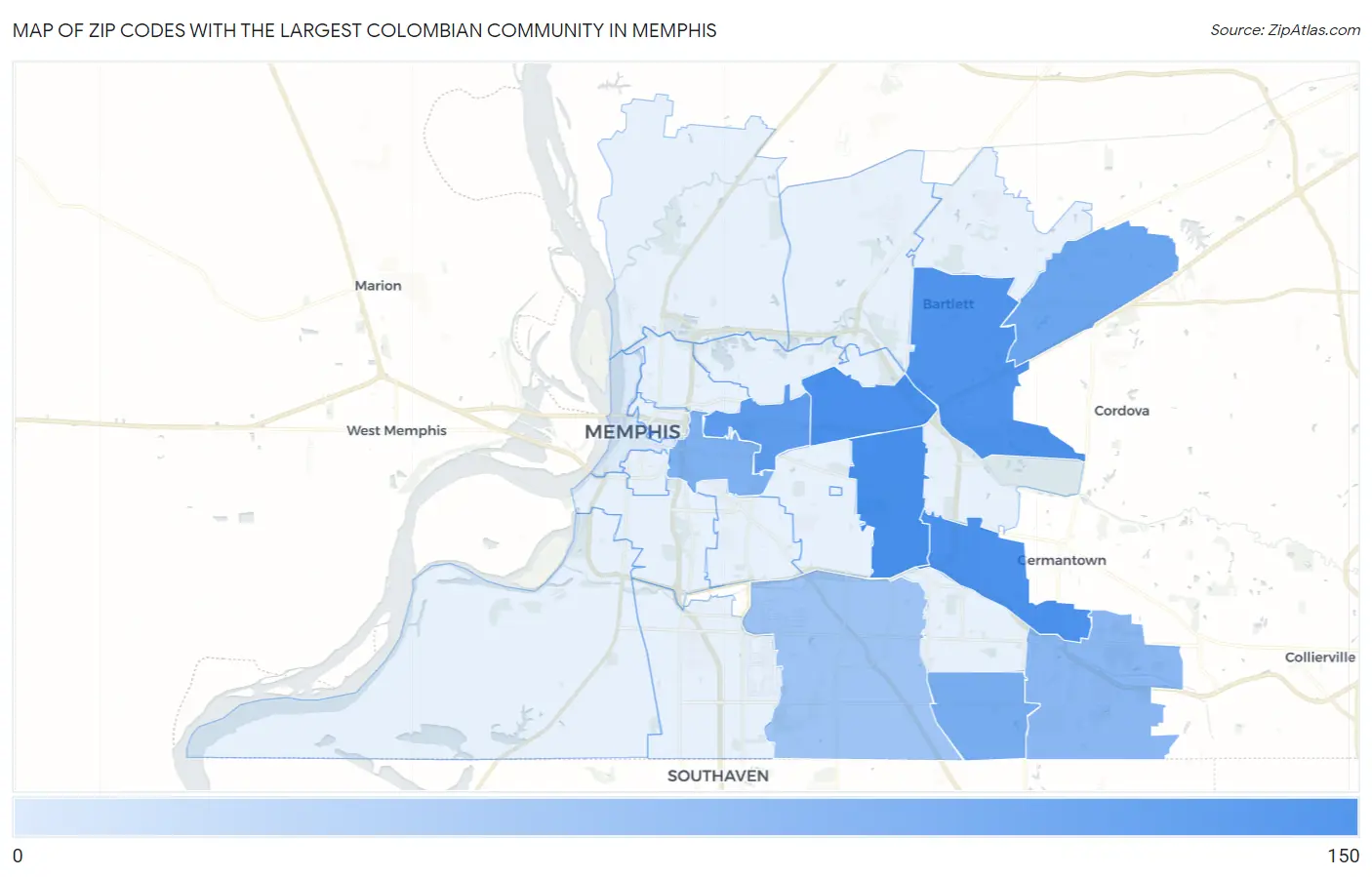 Zip Codes with the Largest Colombian Community in Memphis Map