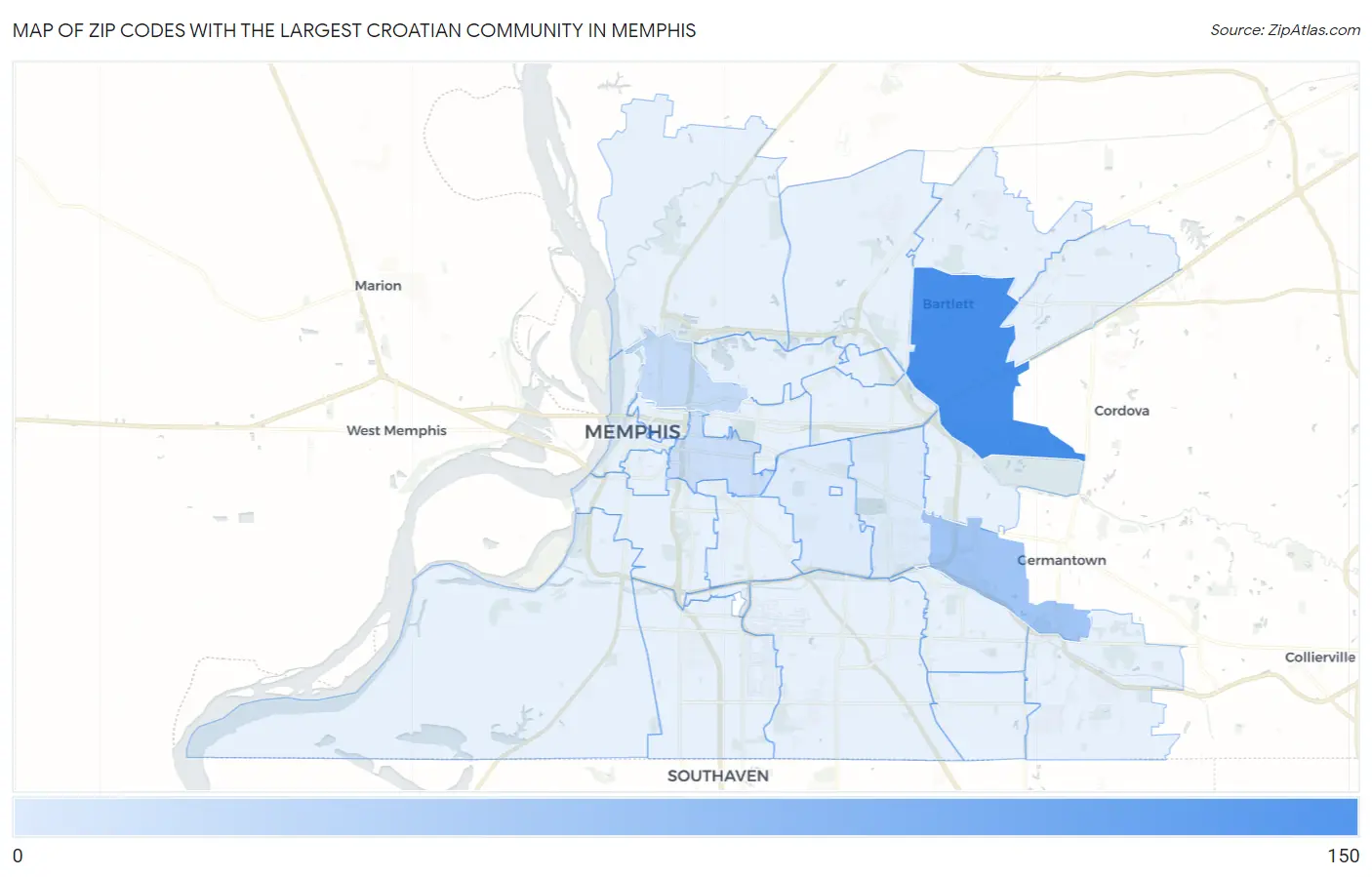 Zip Codes with the Largest Croatian Community in Memphis Map