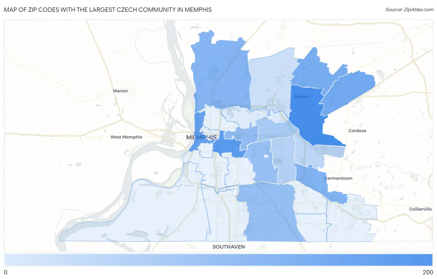 Zip Codes with the Largest Czech Community in Memphis Map