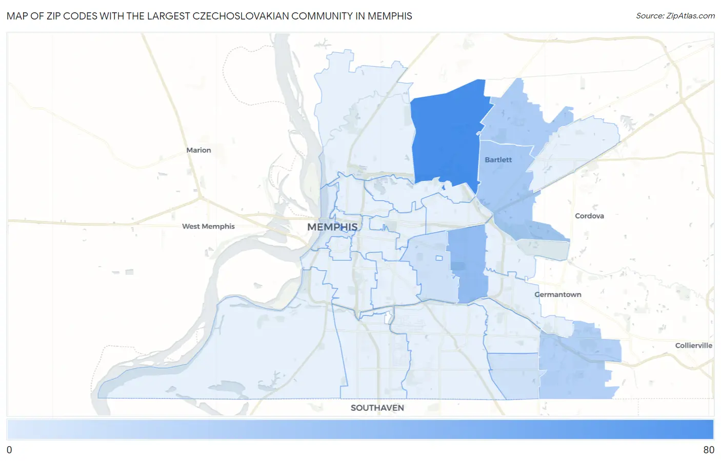 Zip Codes with the Largest Czechoslovakian Community in Memphis Map