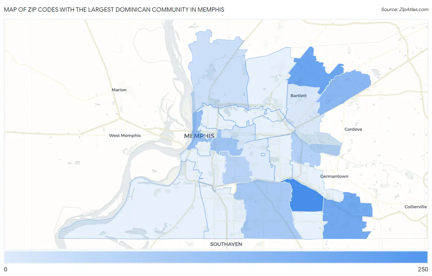Zip Codes with the Largest Dominican Community in Memphis Map