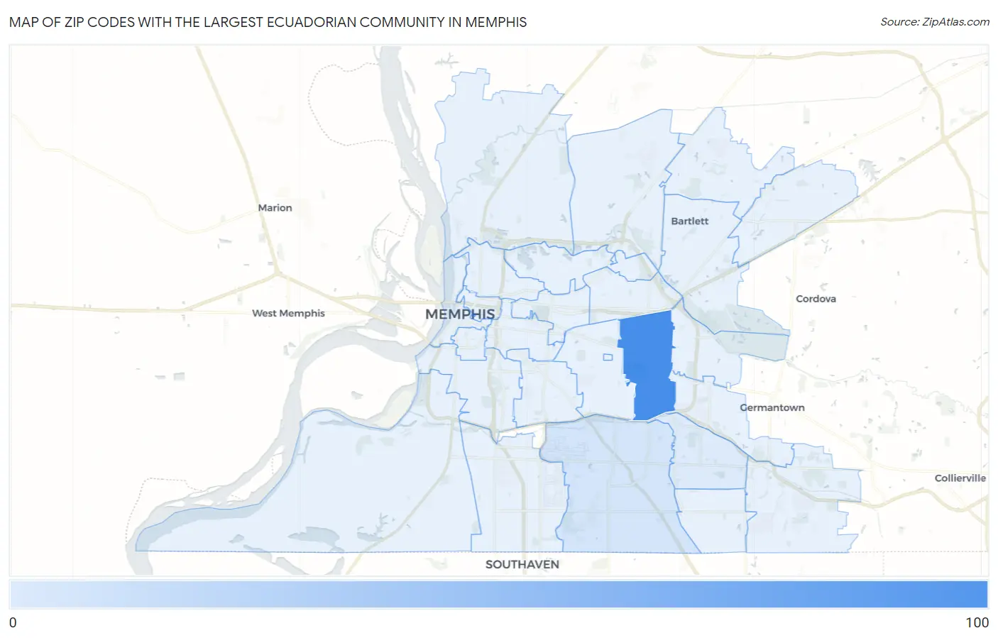 Zip Codes with the Largest Ecuadorian Community in Memphis Map