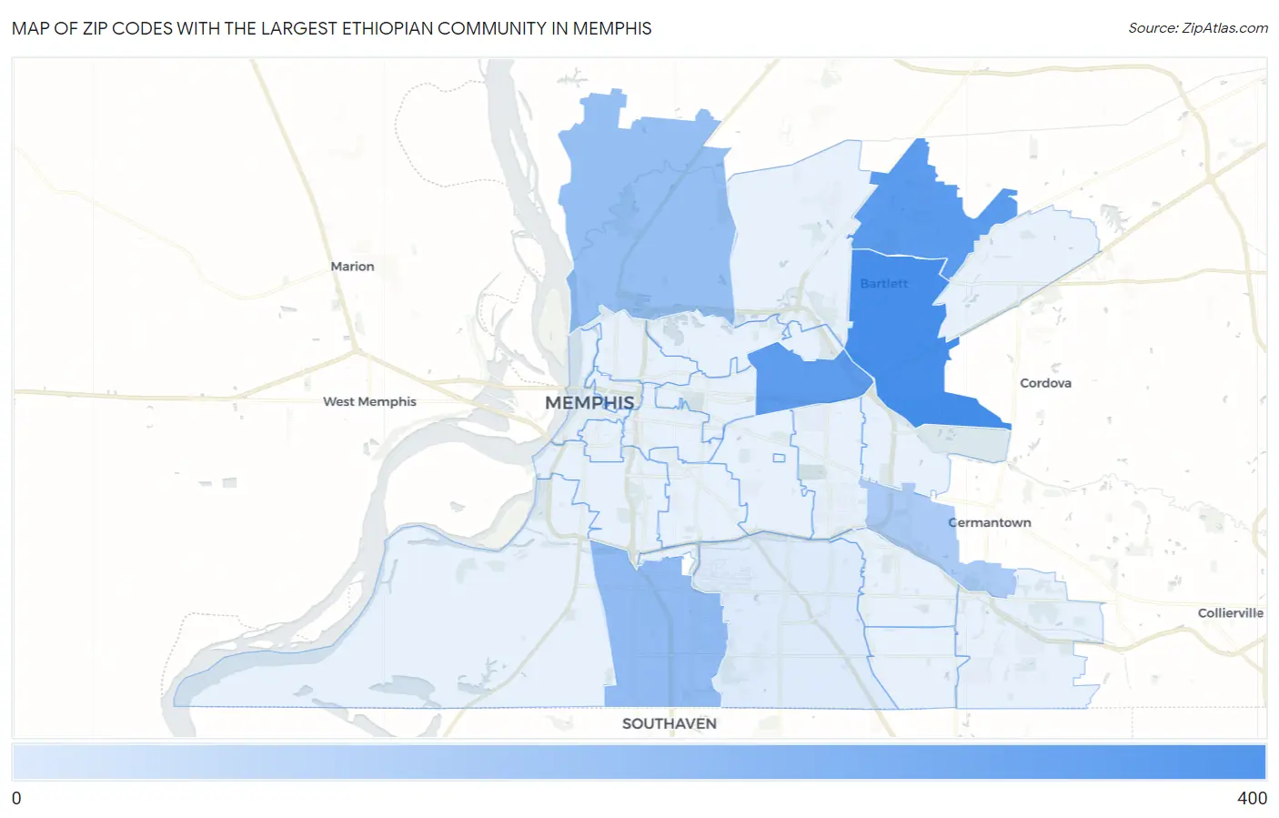Zip Codes with the Largest Ethiopian Community in Memphis Map