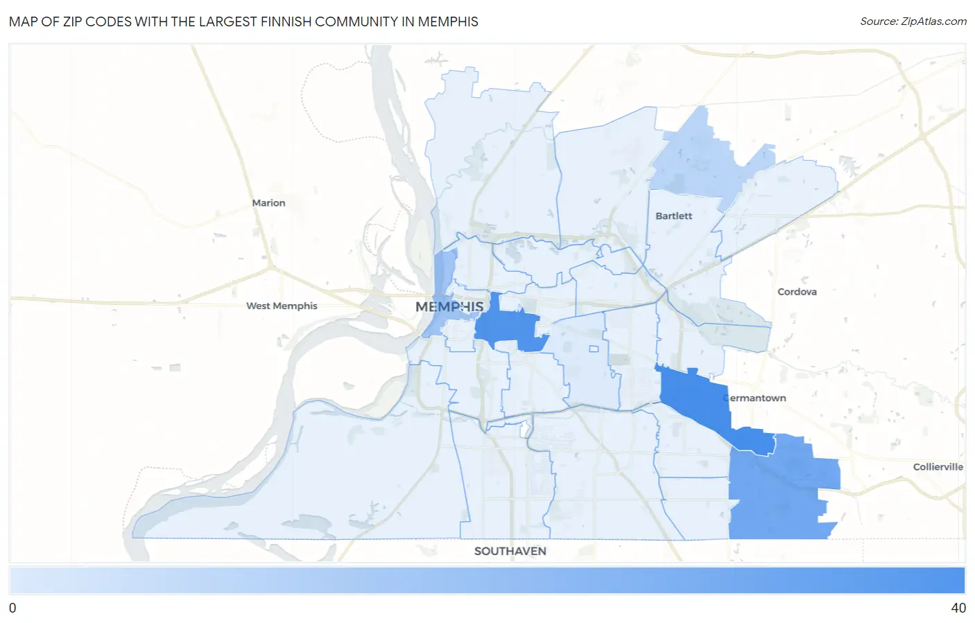 Zip Codes with the Largest Finnish Community in Memphis Map