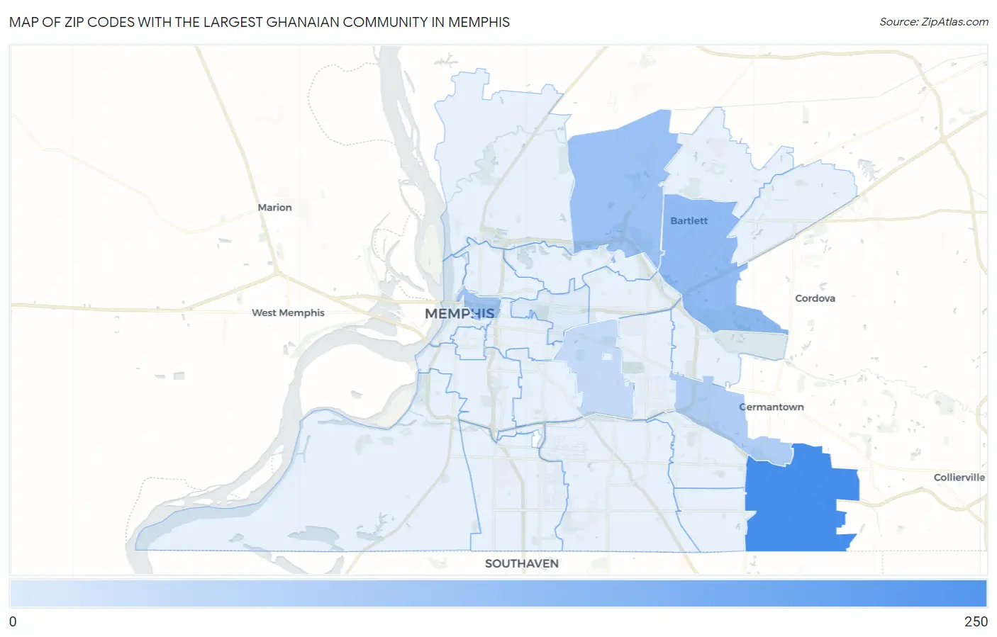 Zip Codes with the Largest Ghanaian Community in Memphis Map