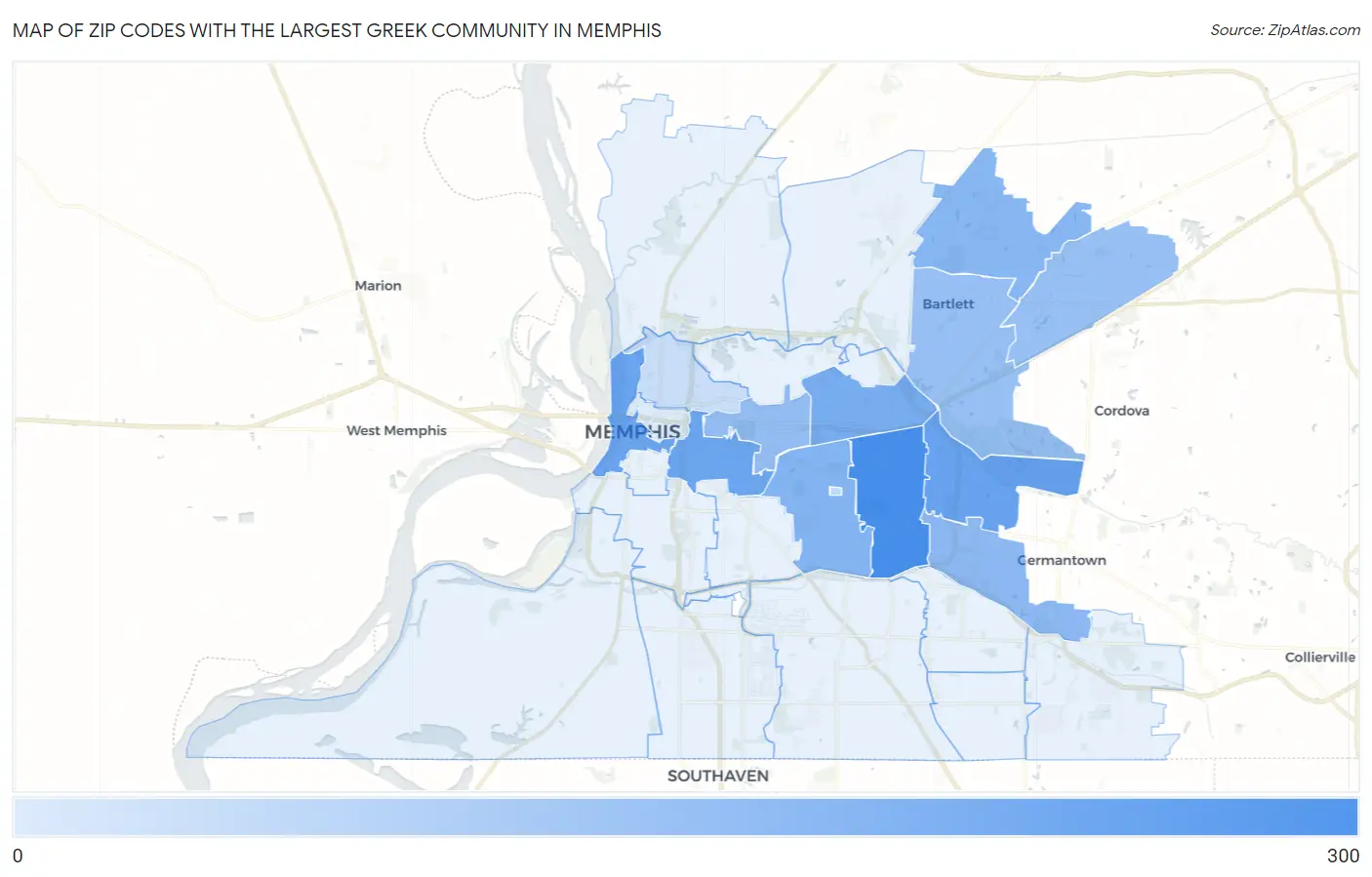 Zip Codes with the Largest Greek Community in Memphis Map