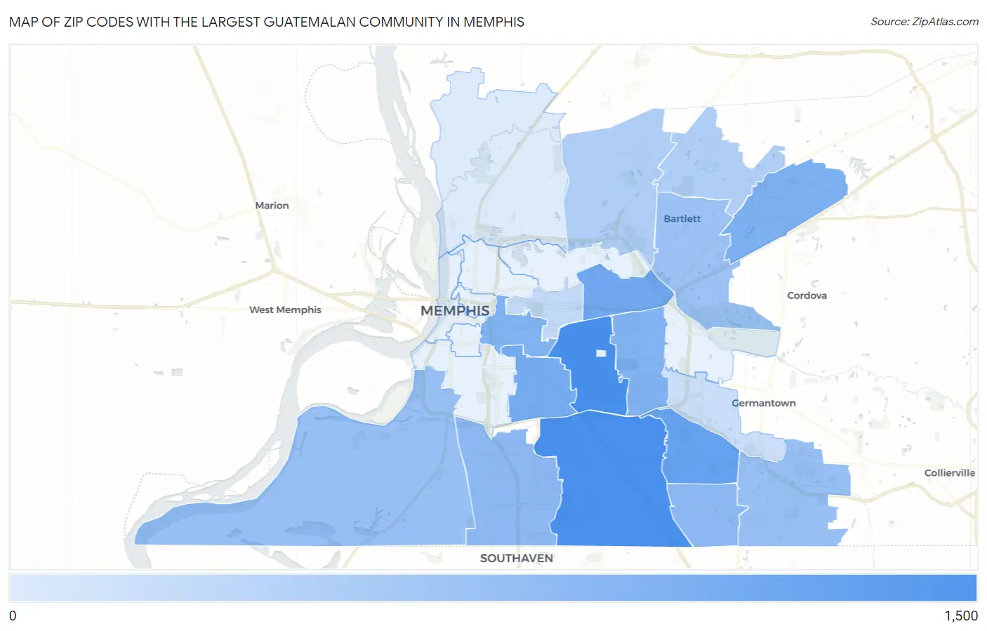 Zip Codes with the Largest Guatemalan Community in Memphis Map