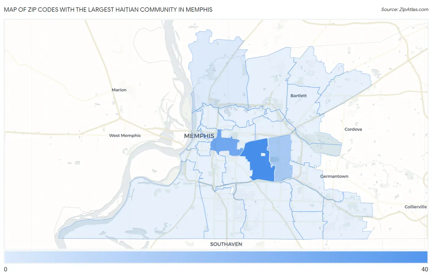 Zip Codes with the Largest Haitian Community in Memphis Map
