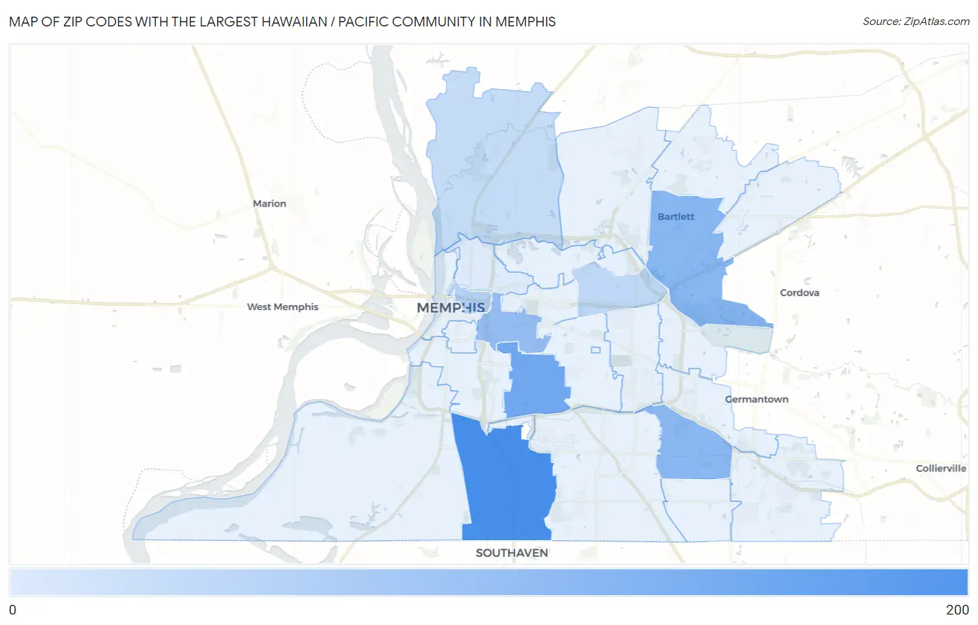 Zip Codes with the Largest Hawaiian / Pacific Community in Memphis Map
