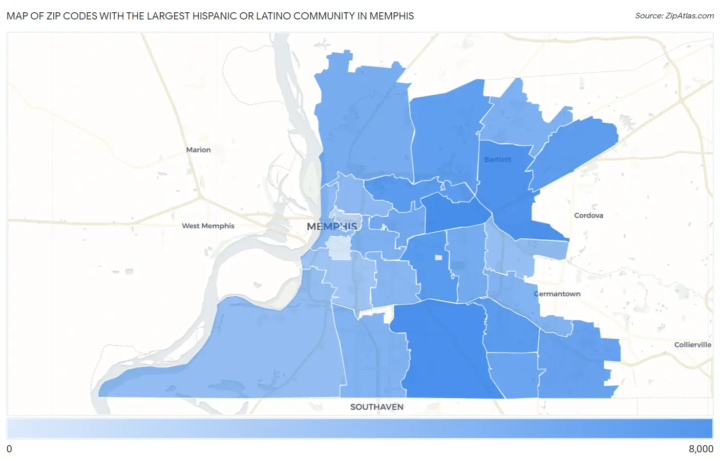 Zip Codes with the Largest Hispanic or Latino Community in Memphis Map