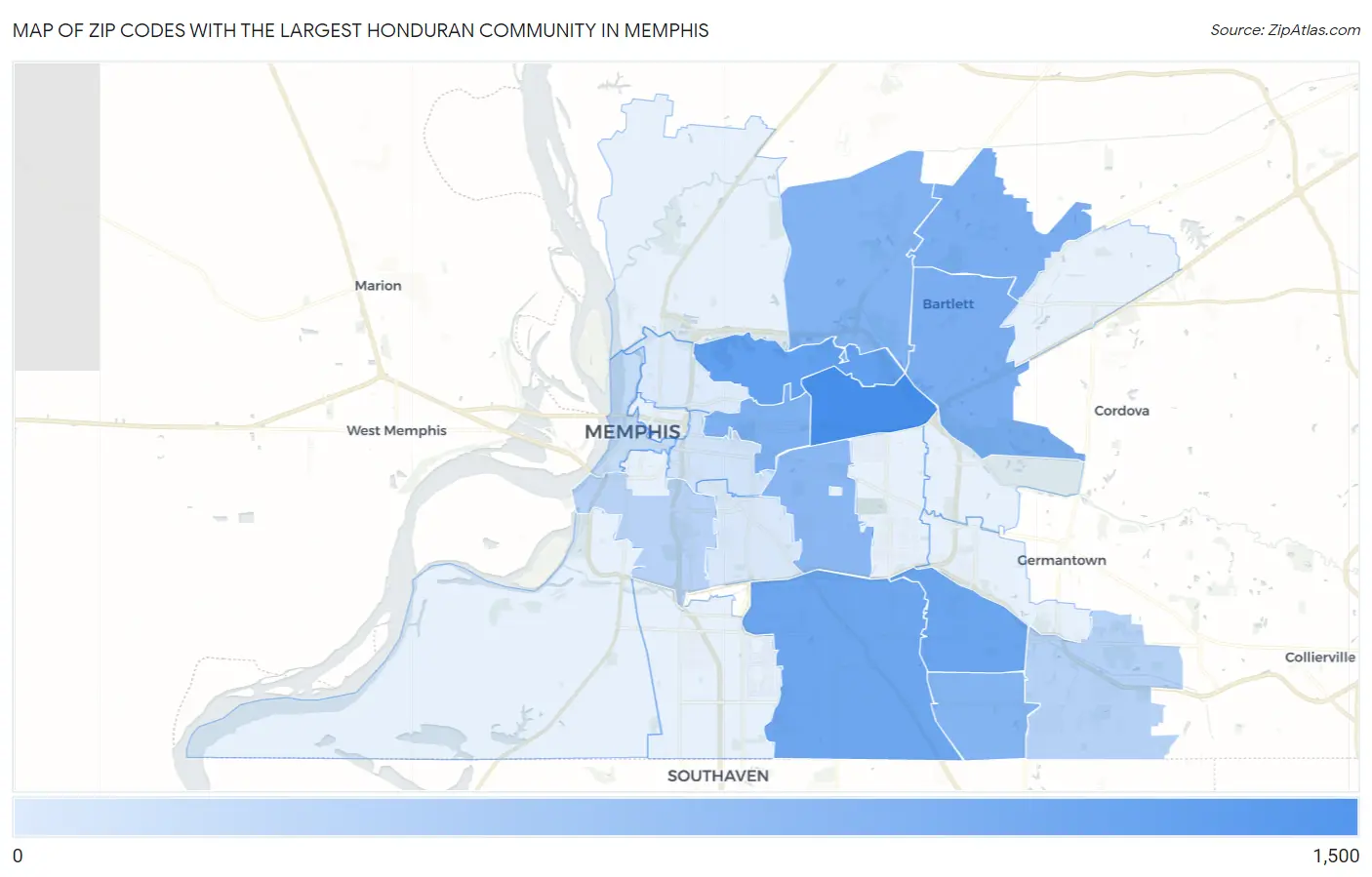 Zip Codes with the Largest Honduran Community in Memphis Map
