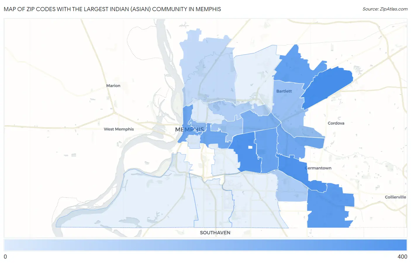 Zip Codes with the Largest Indian (Asian) Community in Memphis Map