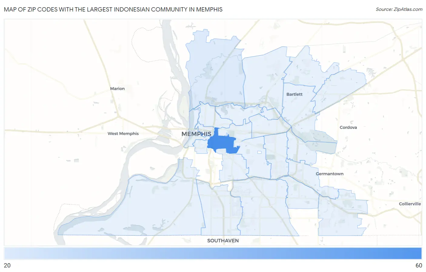 Zip Codes with the Largest Indonesian Community in Memphis Map