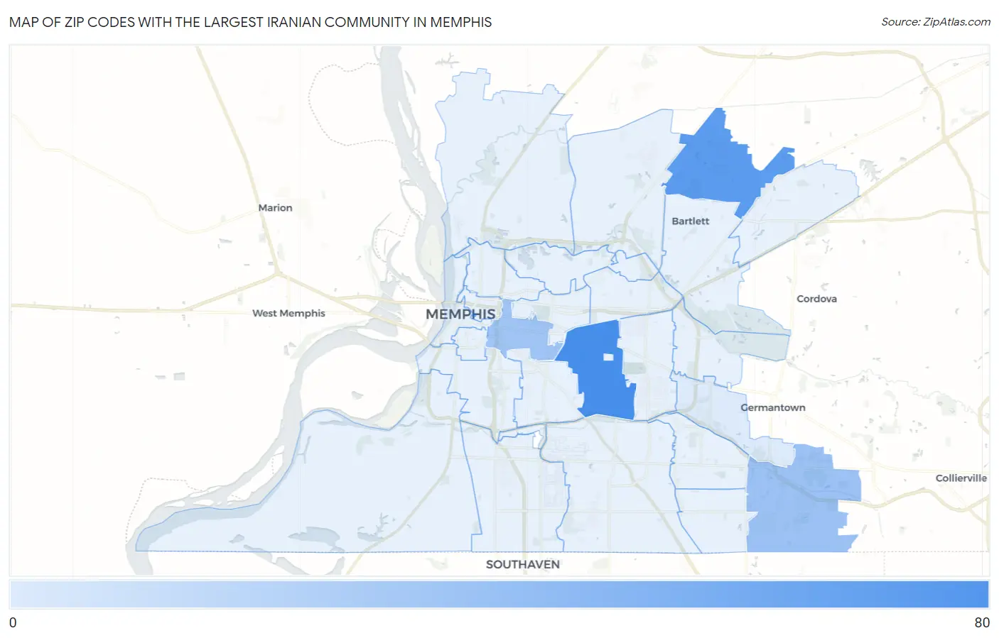 Zip Codes with the Largest Iranian Community in Memphis Map