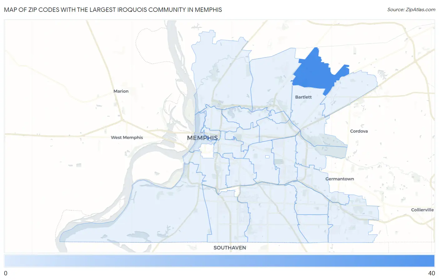 Zip Codes with the Largest Iroquois Community in Memphis Map