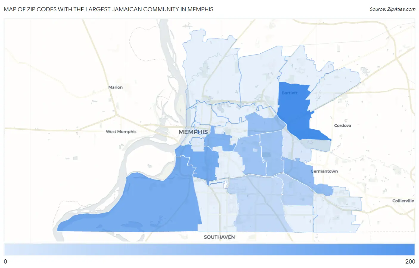 Zip Codes with the Largest Jamaican Community in Memphis Map