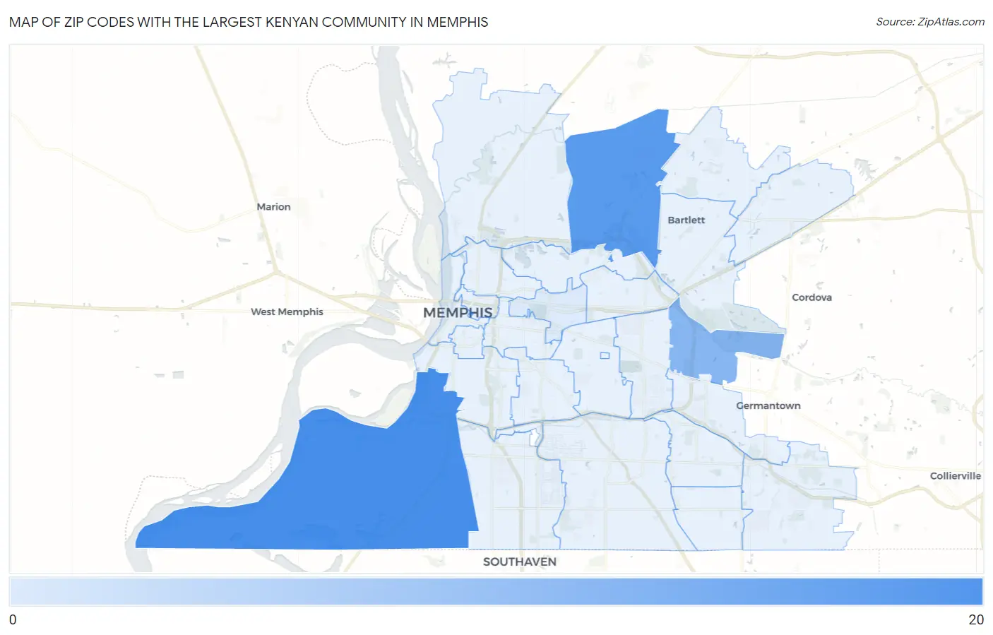 Zip Codes with the Largest Kenyan Community in Memphis Map