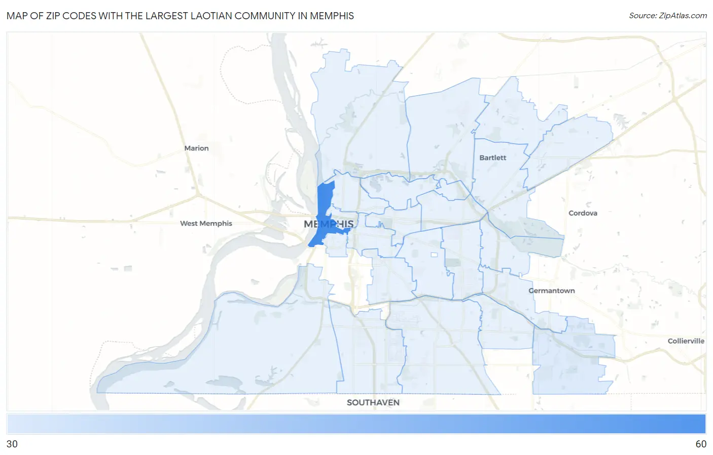 Zip Codes with the Largest Laotian Community in Memphis Map