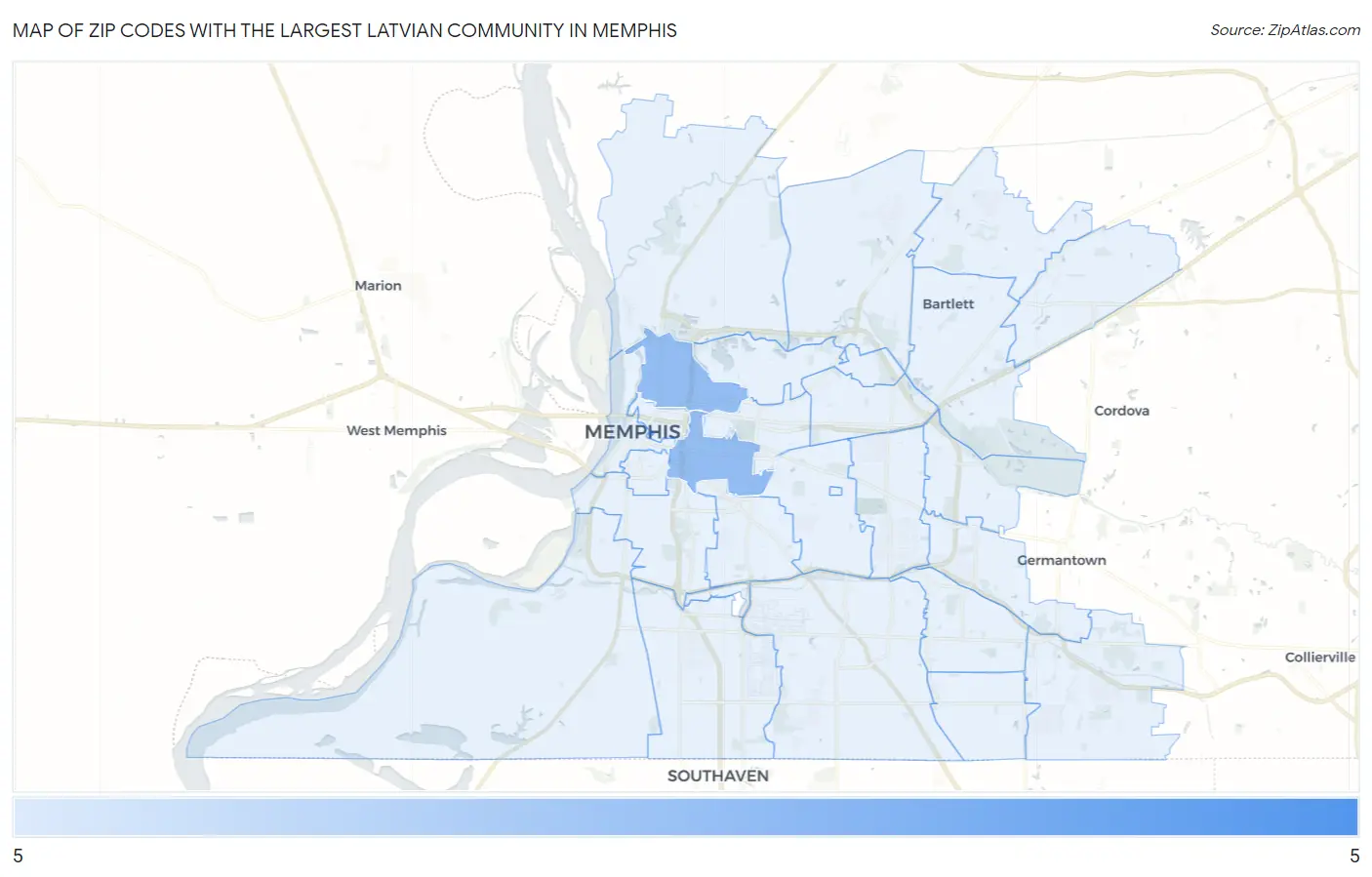 Zip Codes with the Largest Latvian Community in Memphis Map