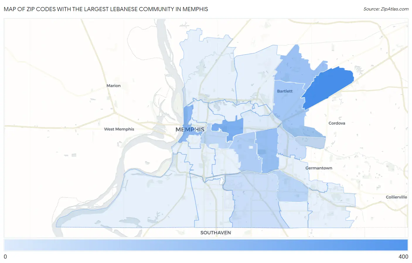 Zip Codes with the Largest Lebanese Community in Memphis Map