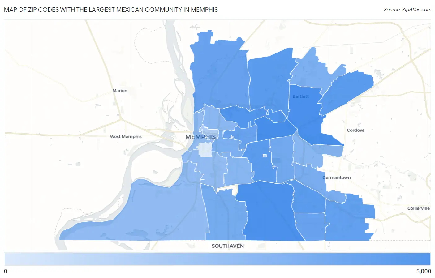 Zip Codes with the Largest Mexican Community in Memphis Map