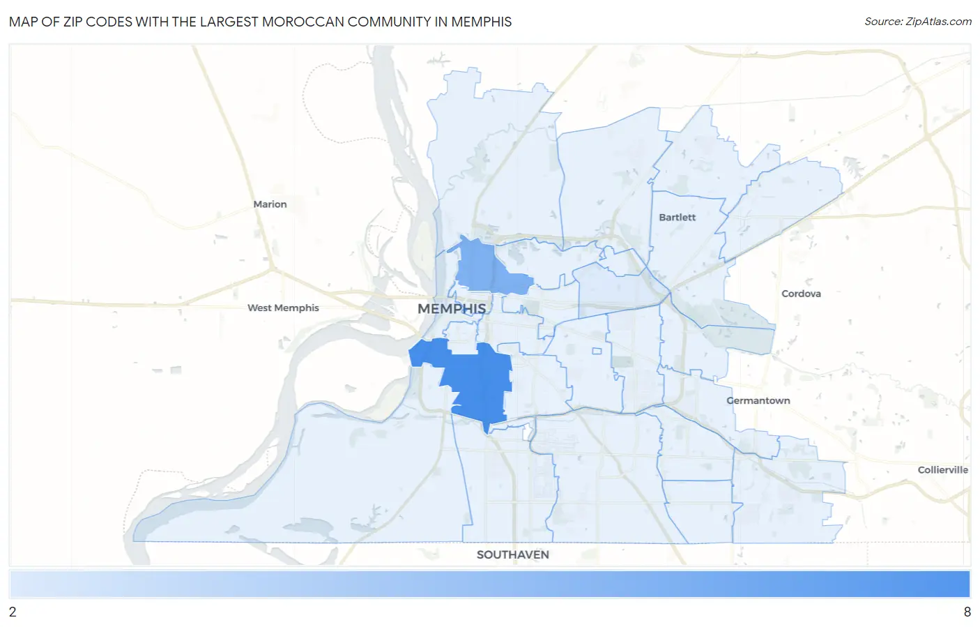 Zip Codes with the Largest Moroccan Community in Memphis Map
