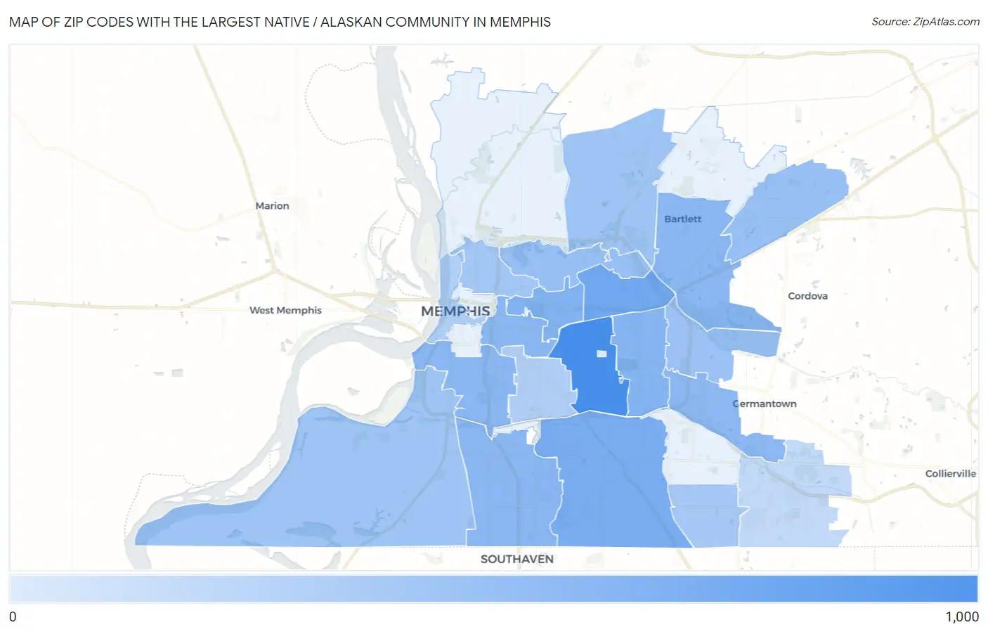 Zip Codes with the Largest Native / Alaskan Community in Memphis Map