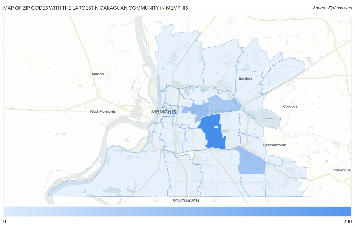 Zip Codes with the Largest Nicaraguan Community in Memphis Map