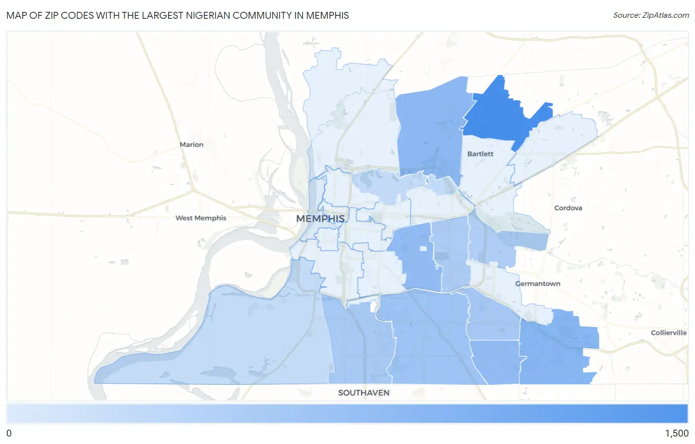 Zip Codes with the Largest Nigerian Community in Memphis Map