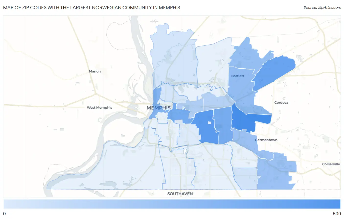 Zip Codes with the Largest Norwegian Community in Memphis Map