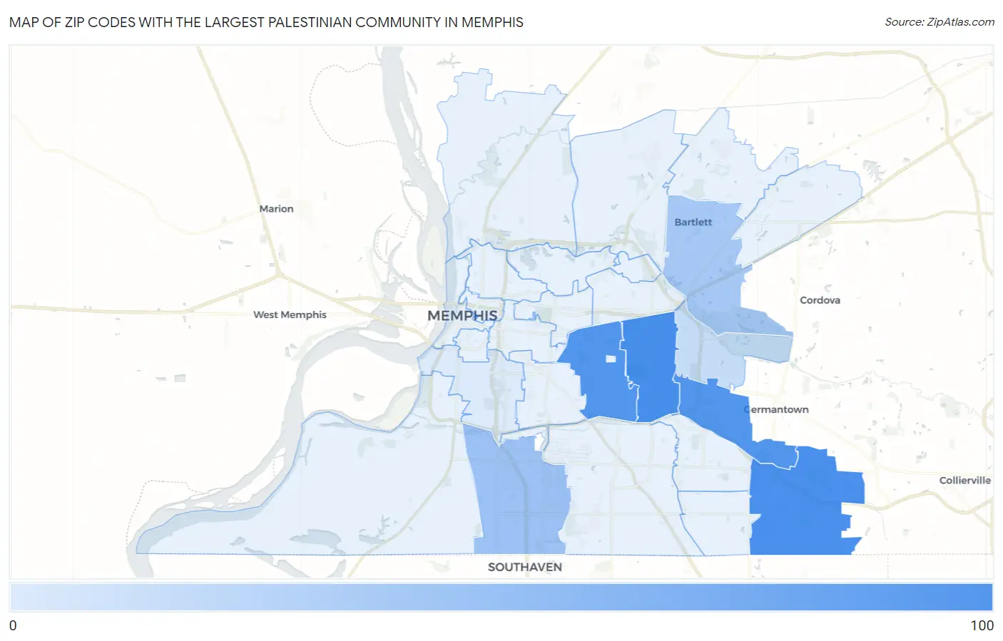 Zip Codes with the Largest Palestinian Community in Memphis Map