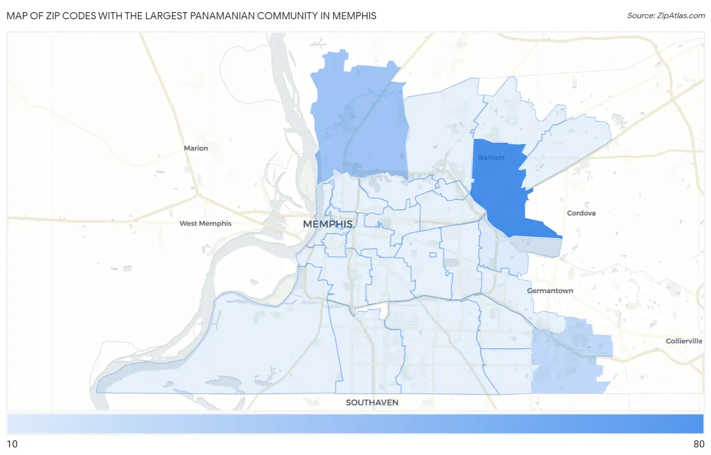 Zip Codes with the Largest Panamanian Community in Memphis Map