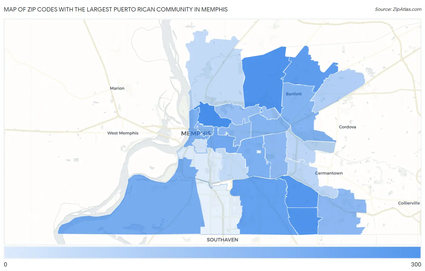 Zip Codes with the Largest Puerto Rican Community in Memphis Map