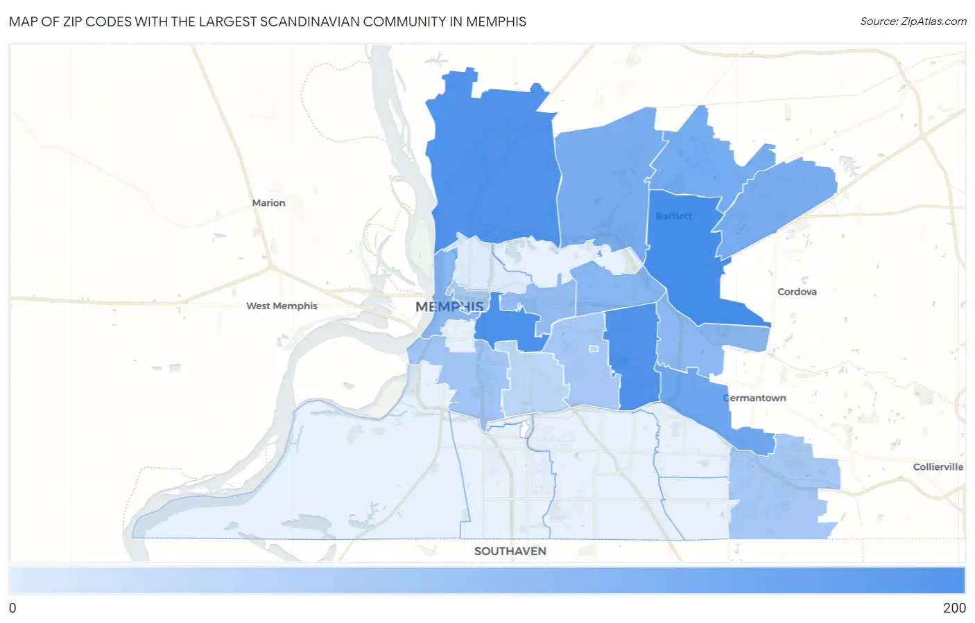 Zip Codes with the Largest Scandinavian Community in Memphis Map