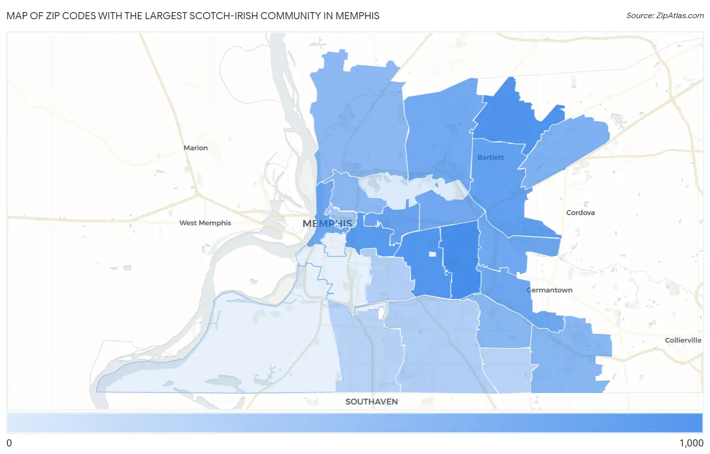 Zip Codes with the Largest Scotch-Irish Community in Memphis Map