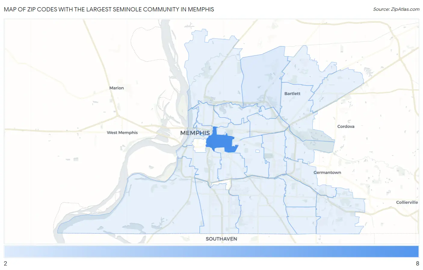 Zip Codes with the Largest Seminole Community in Memphis Map