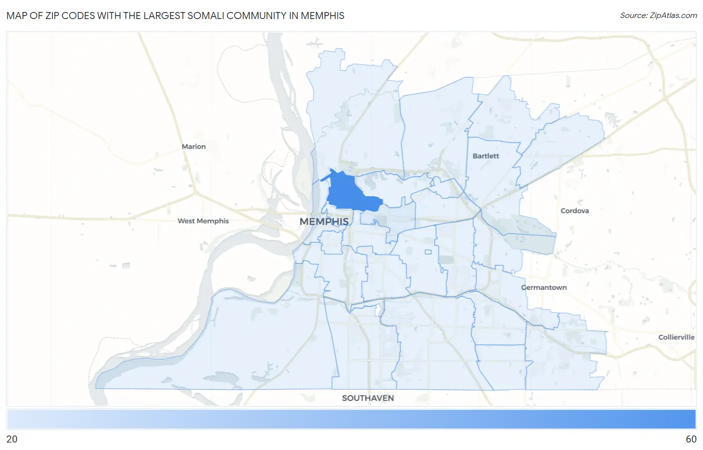 Zip Codes with the Largest Somali Community in Memphis Map