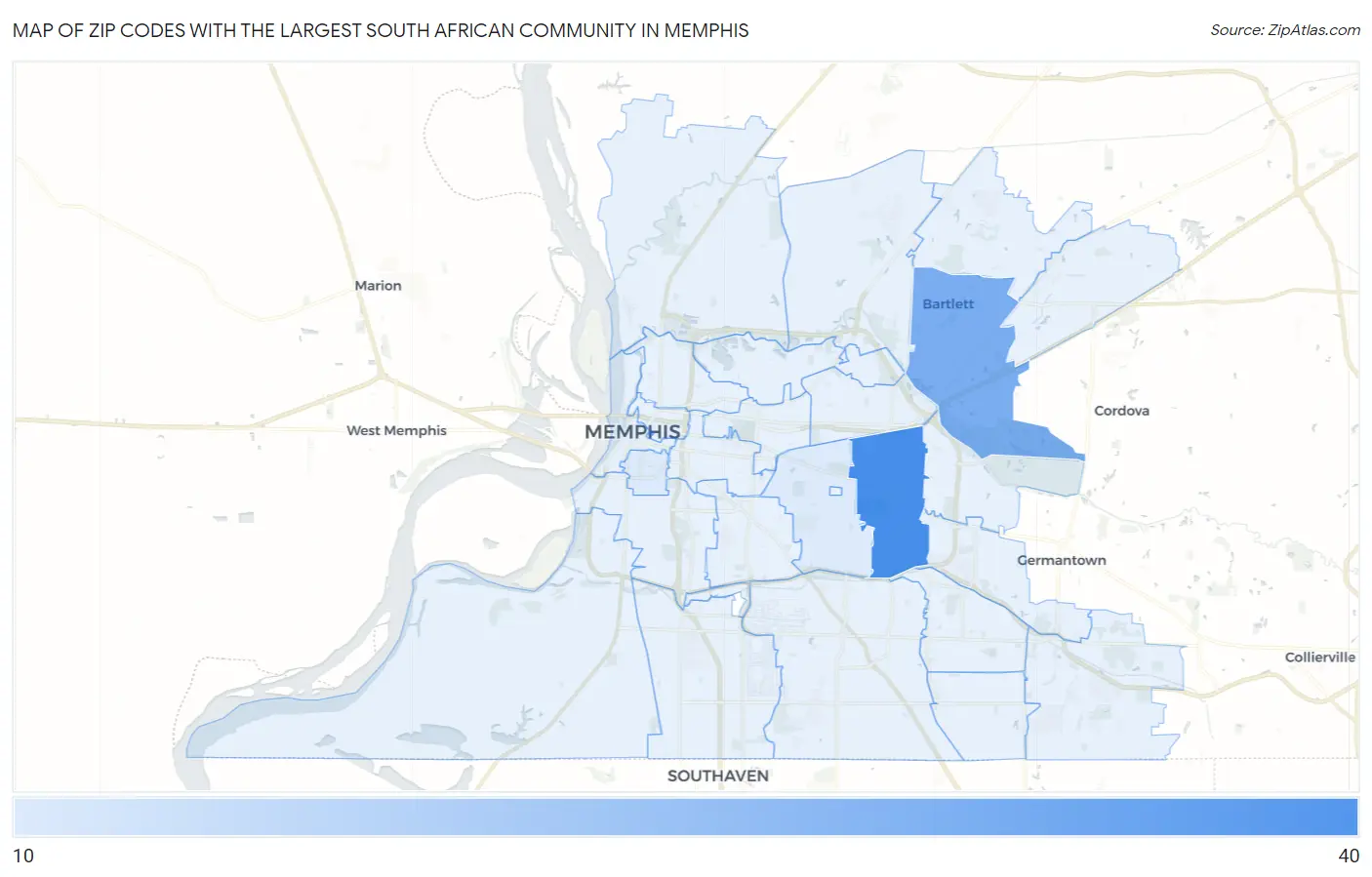Zip Codes with the Largest South African Community in Memphis Map