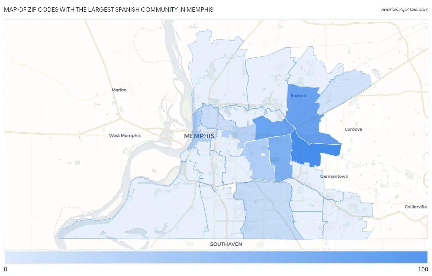 Zip Codes with the Largest Spanish Community in Memphis Map